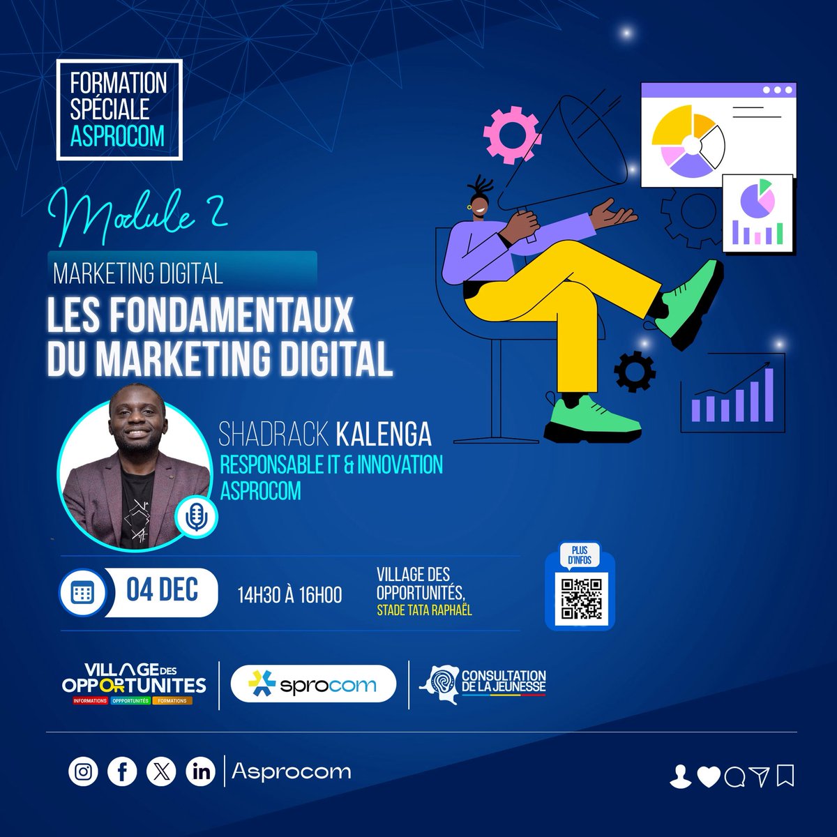 Formation spéciale #ASPROCOM 🎓
Deux de nos membres animent aujourd’hui des panels au #VillageDesOpportunités (Stade Tata Raphaël), de 14h à 16h.

#Communication #Marketing #IA #Jeunesse #Opportunités #TataRaphaël