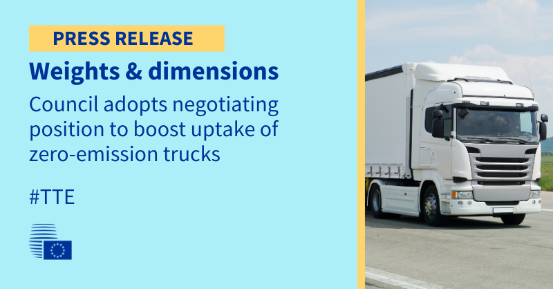 EUCouncilPress's tweet photo. ☑️ On track towards the trilogues: 🇪🇺 EU transport ministers just approved a position on updated rules for weights &amp; dimensions of certain road vehicles, aiming to boost the shift towards zero-emission trucks.

🚚 More  ⬇️