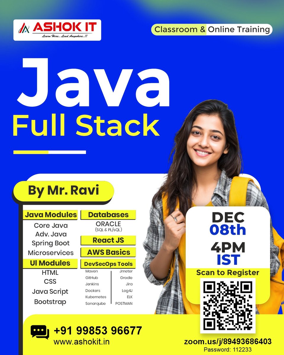 ashokitschool's tweet image. 🚀Become a Job-Ready Java Full Stack Developer with Ashok IT!
.
📲 Register Now: tr.ee/eIctvN
.
👨‍🏫 Trainer: Mr. Ravi
📅 Starting on: 08th Dec @ 04:00 PM IST
🖥️ Mode: Classroom &amp;amp; Online Training 
.
#JavaFullStack #JavaDeveloper #SpringBoot #Microservices #ReactJS