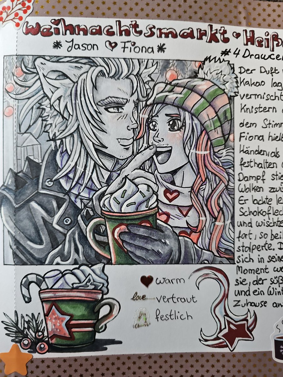 FireCave_Art's tweet photo. A warm moment at the Christmas market, cinnamon, cocoa, soft lights, and a tiny smile Jason shares only with Fiona. A winter evening that feels like home. ❄️❤️

#Drawcember2025 #Drawcember
#WinterArt #OCArt #RomanticArt #Manga #HolidayIllustration
#FireCaveWorld
#ウィンターアート #カップルイラスト