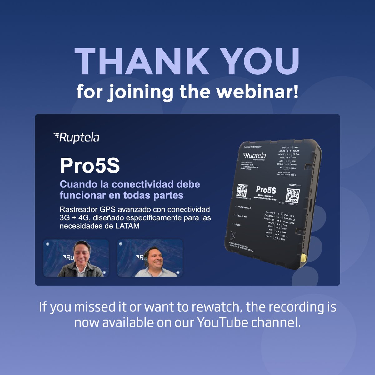 ruptela's tweet photo. 🎙️ Thank you to everyone who joined our live session: “Pro5S – Reliable Connectivity for Every LATAM Route”.

It was a productive session, and we were glad to see so many of you there!

🎥 The full webinar recording is now available on YouTube: https://t.co/b2ur4PFdLI https://t.co/BH0ethvqtq
