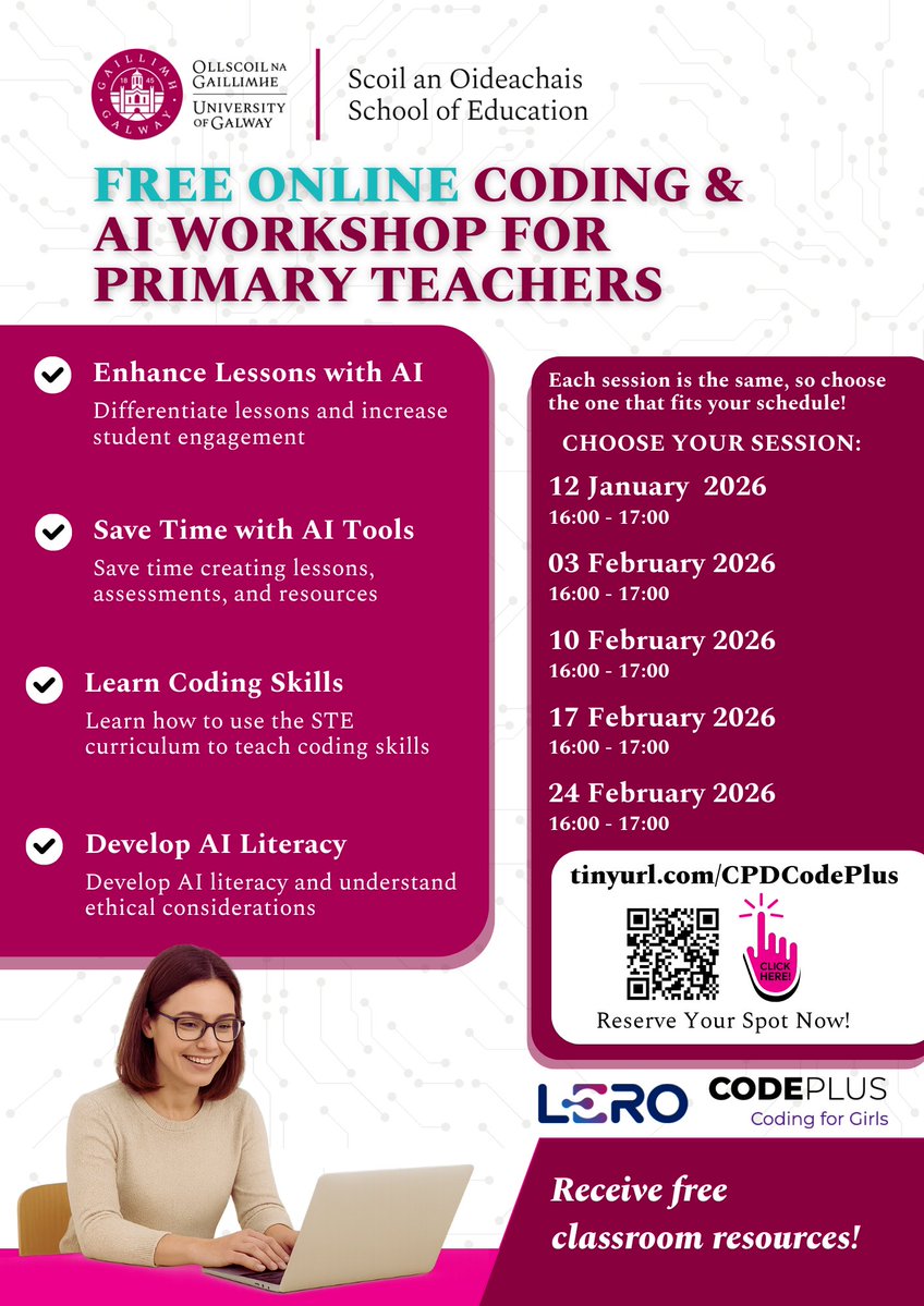 CodePlusIRL's tweet image. Calling all #primaryteachersireland We invite you to join us for a free AI &amp;amp; Coding Webinar hosted by #CodePlus @uniofgalway Reserve your place from a choice of dates forms.gle/eHb57kRFAm3WWw… Hope to see you there!#primaryeducationireland #irishprimaryschool #irishprimaryteacher