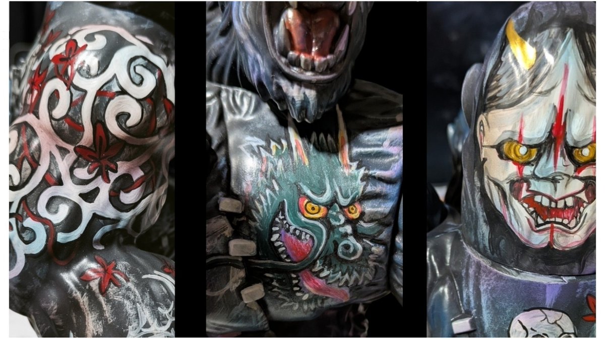 【タイドキングス】
【カスタムペイント】
龍は力を、般若は不条理への哀怒や情念を現すと言われます

腕には華、背中の髑髏に死を背負う
いくさに傾く荒武者をイメージに塗装させて頂きました

ご依頼＆快諾誠にありがとうございました。