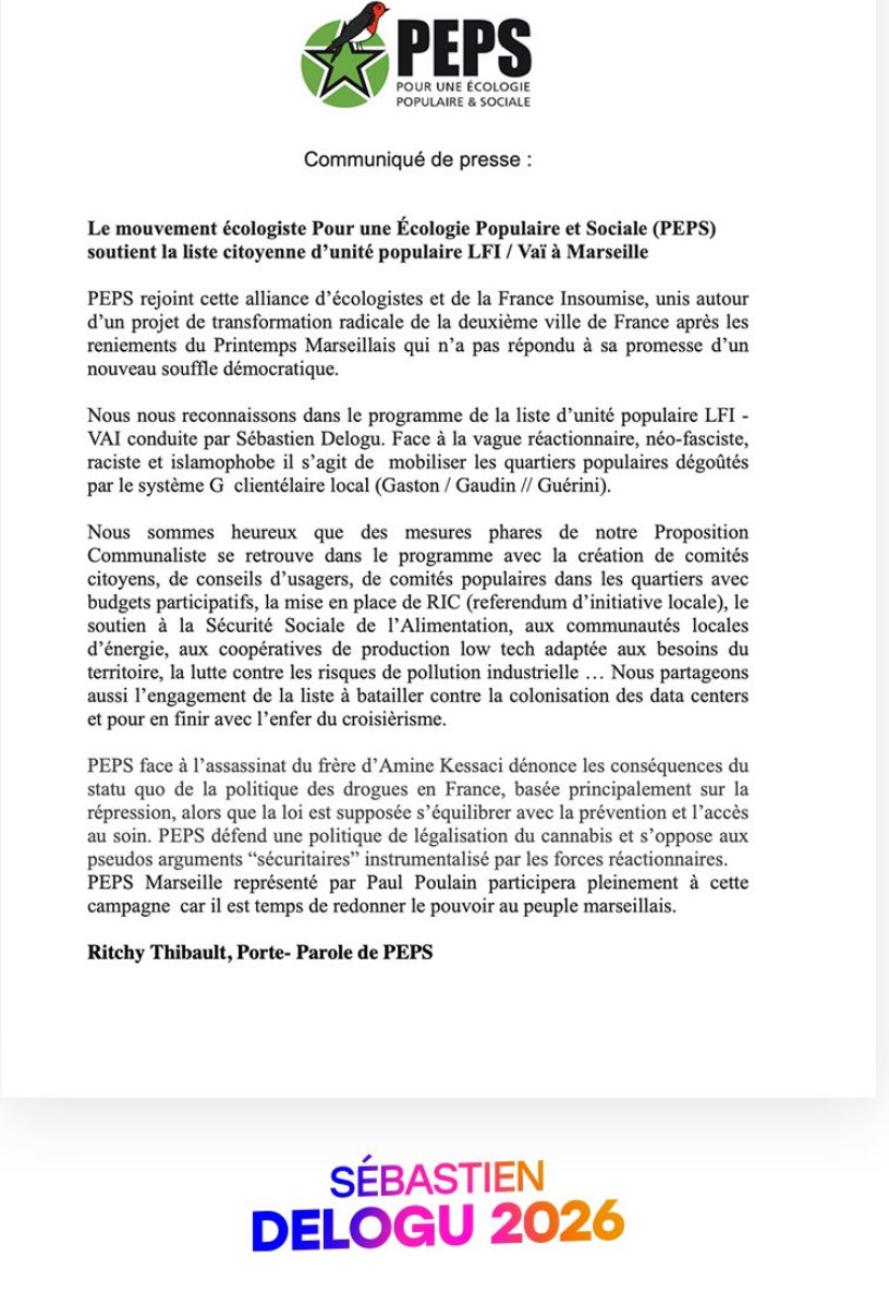 ✅ Merci au mouvement écologiste Pour une écologie populaire et sociale  <a href="/PEPS_conf/">PEPS, Pour une Ecologie Populaire et Sociale</a> de soutenir notre liste #LFI #Vaï #Marseille portée par <a href="/sebastiendelogu/">Sébastien DELOGU</a>
Ce soutien précieux permet d’élargir le front écologiste du rassemblement déjà rejoint par le mouvement <a href="/REVPourLeVivant/">REV | Révolution Écologique pour le Vivant</a> 🍀