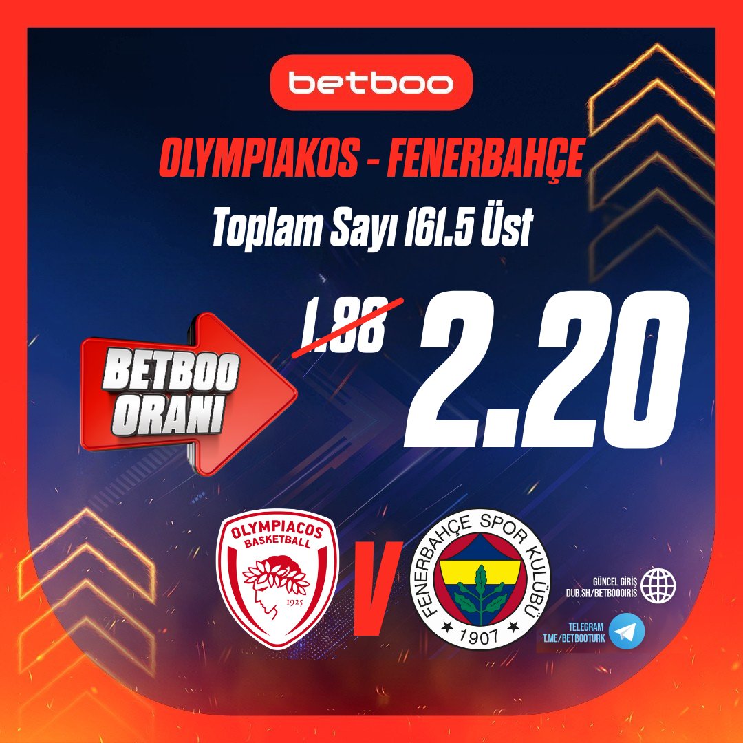 Betboogirin's tweet image. 🏀 EuroLeague'de Fenerbahçe için SICAK SAAT 🇹🇷

Olympiakos 🆚 Fenerbahçe #EuroLeague 

Toplam Sayı 161.5 Üst: 1.88 değil, 2.20 oran! 🏀

Betboo Giriş - tinyurl.com/ykh39kch