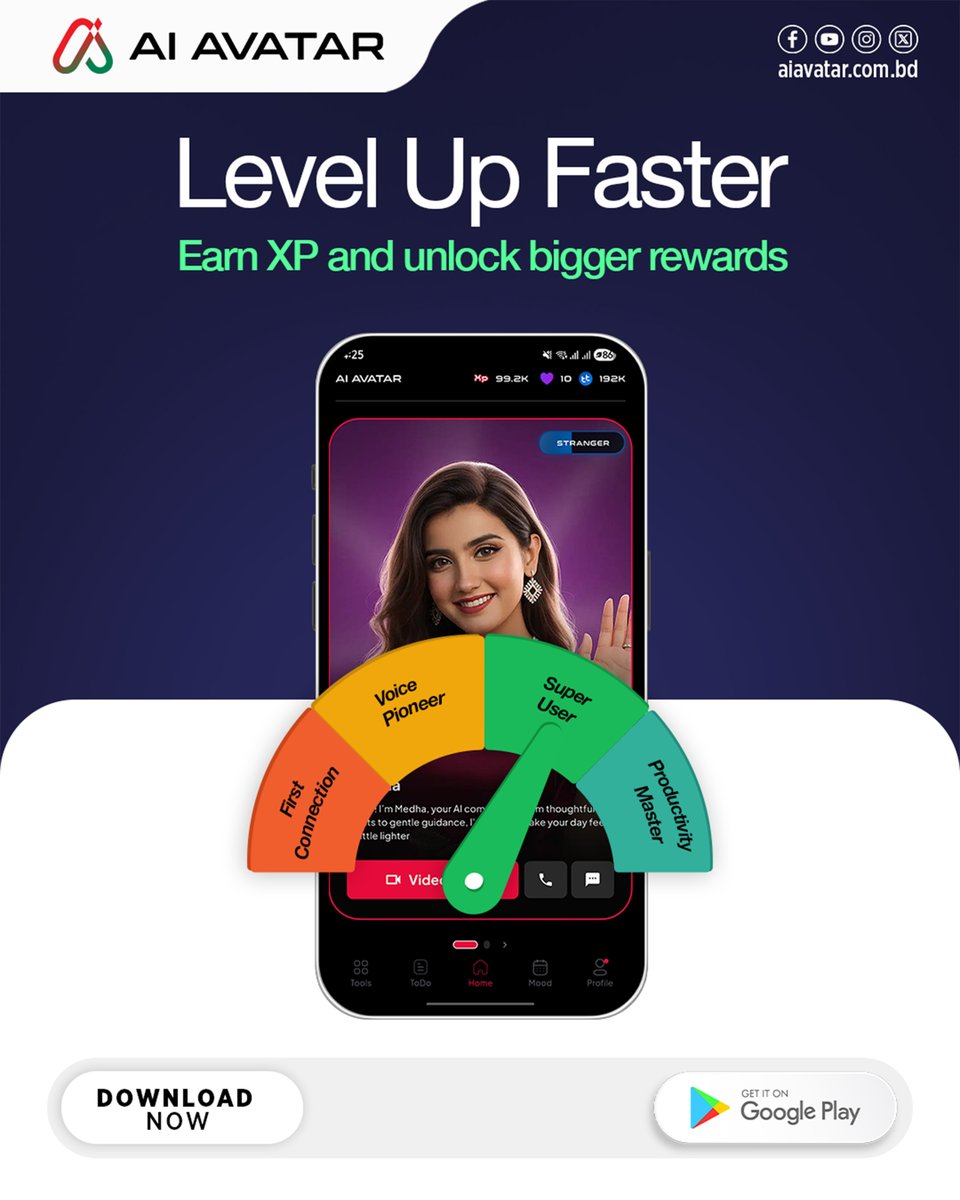 aiavatarbdltd's tweet photo. More XP. More levels. More rewards.
Collect XP, unlock new stages, and enjoy rewards that keep getting bigger.
Start now and watch your bar move up faster than ever.
#AIAvatarBangladesh #AIAvatarBD #SoulQuest #XPBoost #WinMoreEveryDay #BangladeshApp #AICompanionBD https://t.co/lkDSnPdYPM