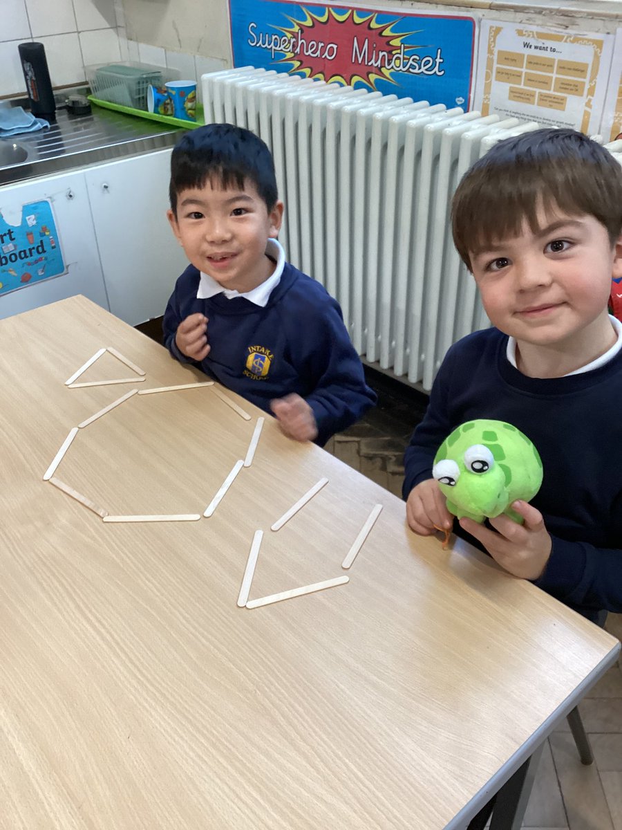 IntakeSchool's tweet photo. Y2 Shape Investigation - Can you make 3 2D shapes using 15 lollipop sticks? Can you make 3 of the same shape using ALL 15 lollipop sticks? Of course, Y2T smashed this challenge!!!! 🐢 #mathsatintake @WhiteRoseMaths https://t.co/8evOtE2MSc