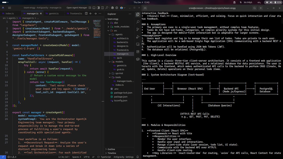 Building a multi-agent coding team in LangChain using Gemini models. The team architects, designs, writes code and generates tests. Here’s a screenshot of the team building a Todo app from a single prompt.

Will try to implement a sandbox and let the team create files too.