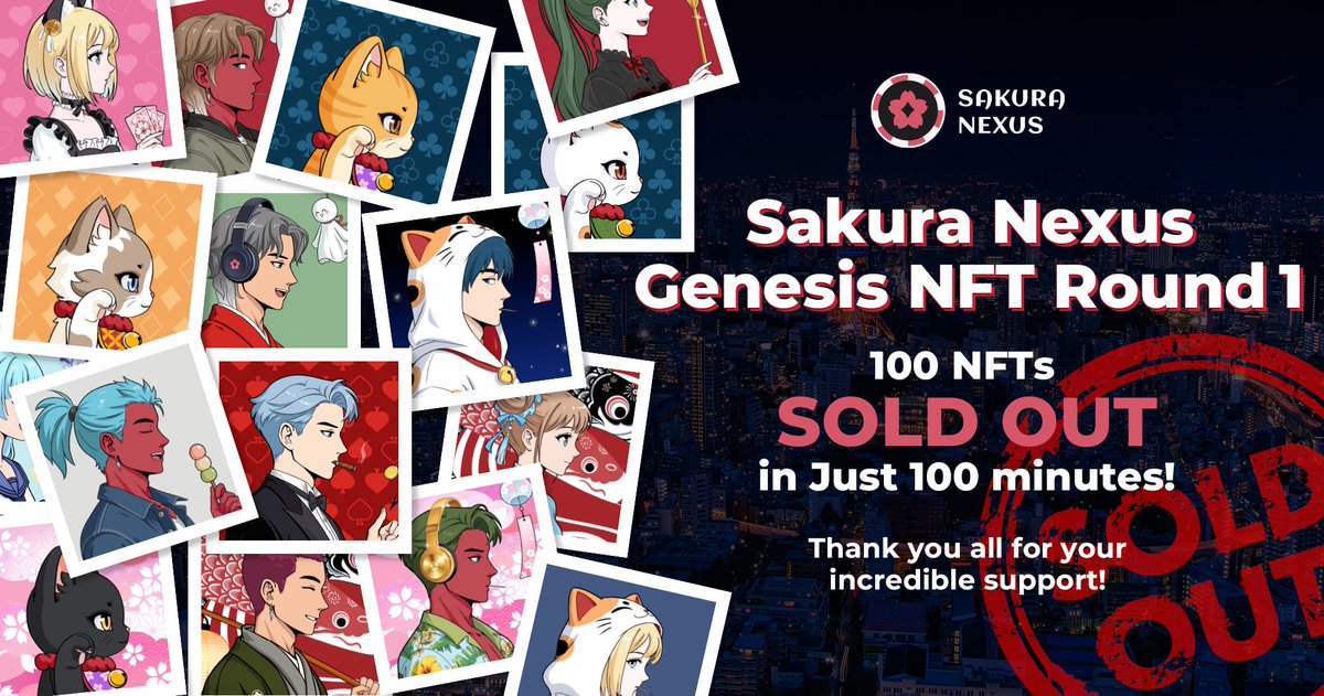 🌸 Sakura Nexus Genesis NFT Round 1 完売！ 🌸

🗓 本日 11:00 AM（JST）に開始した
Sakura Nexus Genesis NFT Round 1 は、開始からわずか 100分で完売 いたしました！

多くの皆さまにご参加・ご支援いただき、心より感謝申し上げます。

また、一部で WL