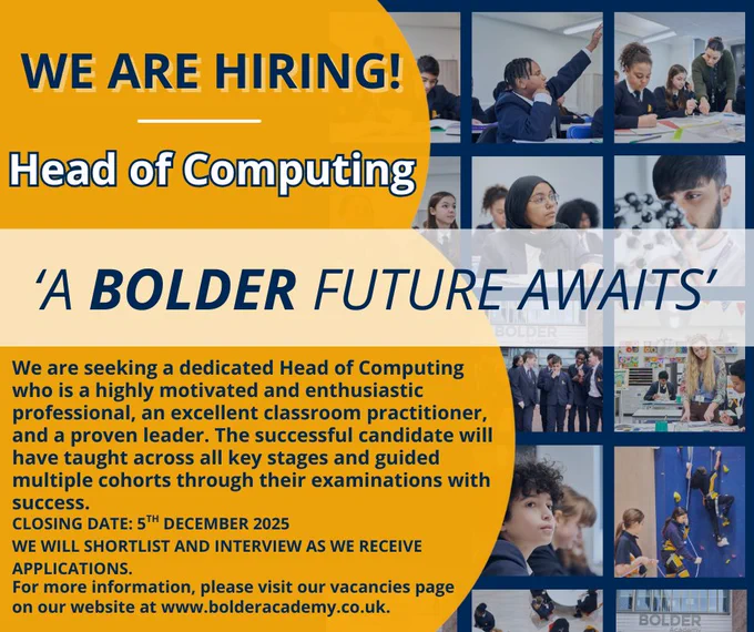 Applications close tomorrow!

We are seeking a dedicated Head of Computing who is a highly motivated and enthusiastic professional, an excellent classroom practitioner, and a proven leader.

For more information and to apply, please visit: https://t.co/bpEoxKxQoh pic.twitter.com/iNxvMqAaJO Image