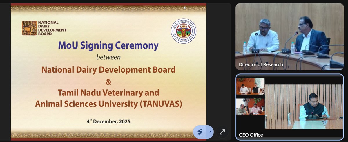 NDDB_Coop's tweet photo. NDDB and Tamil Nadu Veterinary and Animal Sciences University (@TANUVAS_Tweets ) virtually signed a strategic MoU to strengthen collaboration in research, productivity enhancement and capacity building in the livestock and dairy sectors. The MoU was signed by Dr @ShahMeenesh , Chairman and Managing Director, NDDB and Dr R Narendra Babu, Registrar & Vice Chancellor (i/c), TANUVAS. The partnership will support joint research, data-driven studies, student–faculty engagement and innovations to improve productivity, animal health, welfare and sustainability. 

Speaking on the occasion, Dr Shah highlighted the long-standing NDDB–TANUVAS association, appreciating TANUVAS’s contributions to breed conservation & bull testing and noting Tamil Nadu’s key role since the Operation Flood era. He expressed confidence that the MoU will further boost joint research, capacity building and field validation of new technologies. Dr R Narendra Babu acknowledged NDDB’s pivotal role in India’s dairy development and the cooperative movement.
