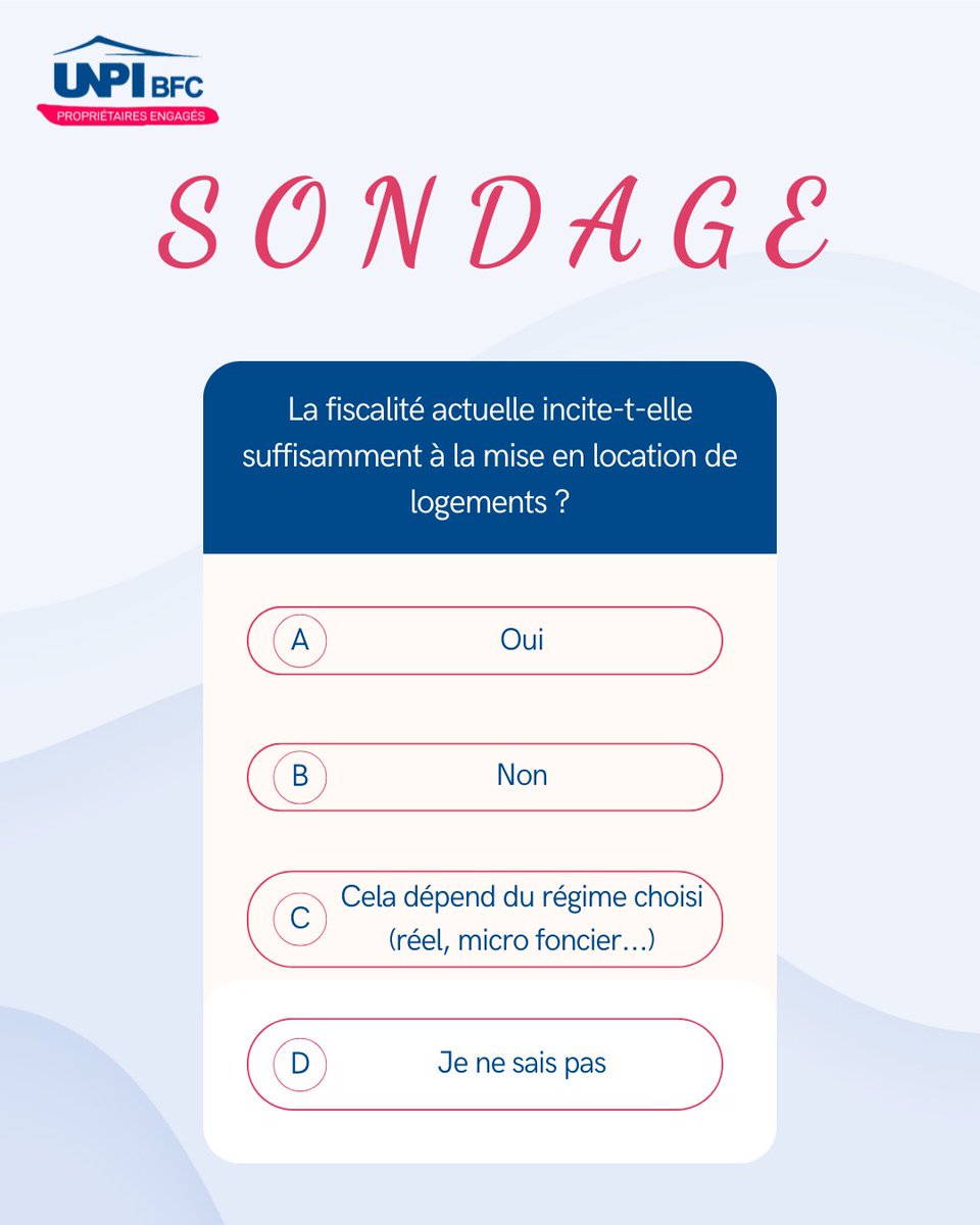 Sondage📊

Fiscalité locative🏡

Trouvez-vous que la fiscalité actuelle encourage la mise en location de vos logements ?

Donnez nous votre avis ! Et n'hésitez pas à partager vos arguments en commentaire. 👇

#UNPI #Sondage #Immobilier #Propriétaire #Fiscalité