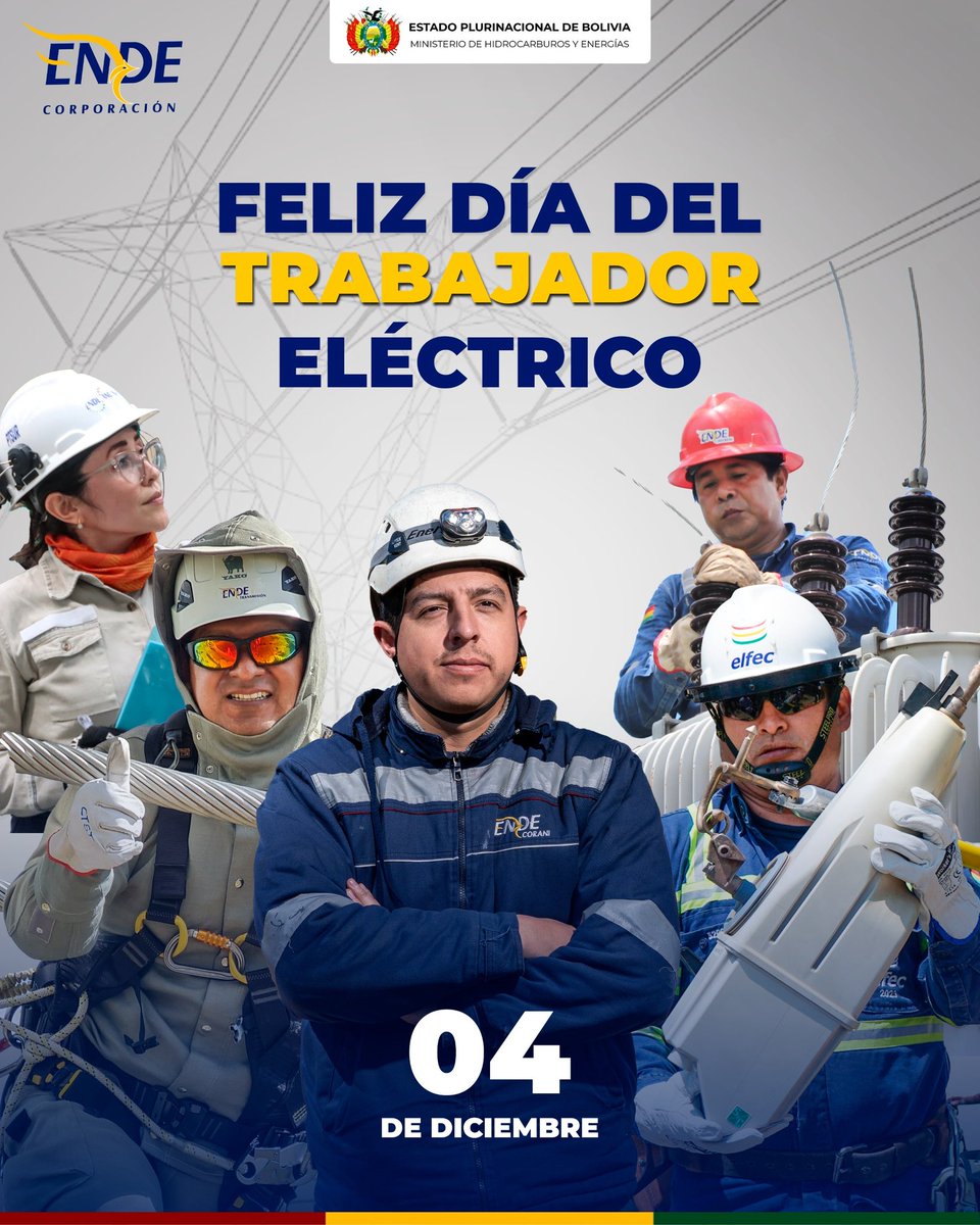 #DíaDelTrabajadorEléctrico | Valoramos la labor de todos los trabajadores eléctricos bolivianos que contribuyen cada día con su esfuerzo y compromiso a la provisión de un servicio eléctrico de calidad, aportando al desarrollo de la industria, salud y educación.

#SiempreBolivia
