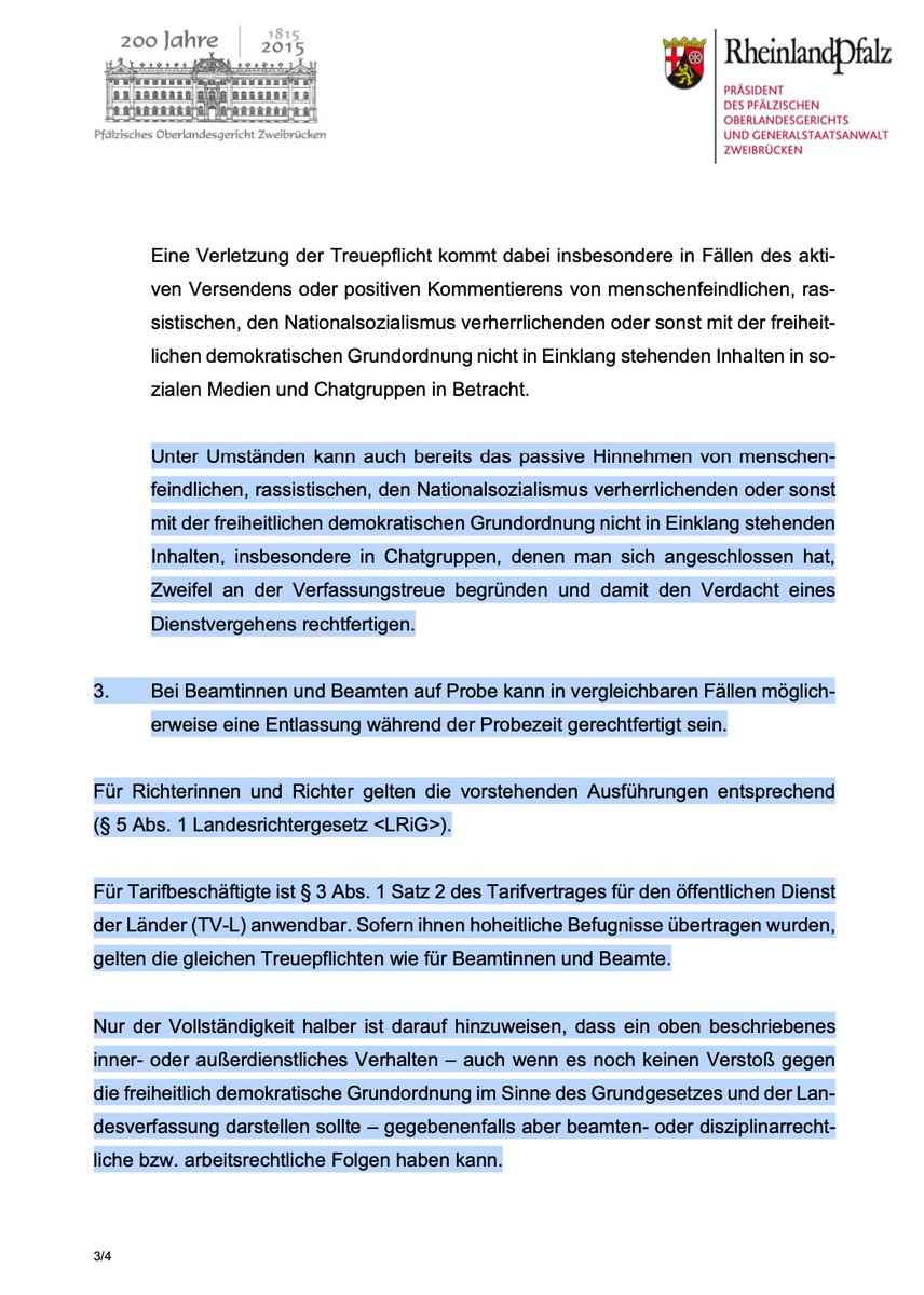 Eil-Update zum Thema Rheinland-Pfalz: Bereits vor einigen Tagen, haben alle Beamte in Rheinland-Pfalz ein Droh-Schreiben des OLG Zweibrücken erhalten. Dort wird ihnen angeraten, sich weder dienstlich, NOCH PRIVAT in irgendeiner Weise zur AfD zu bekennen! Werde dazu später noch