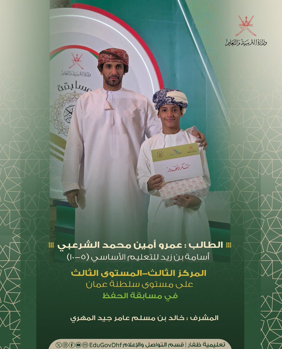 <a href="/EduGovOman/">وزارة التربية والتعليم - سلطنة عُمان</a> <a href="/Mosdoman/">وزارة التنمية الاجتماعية</a> طلبة تعليمية ظفار يتألقون على منصات التتويج .
#تعليمية_ظفار
#تعلم_مستدام