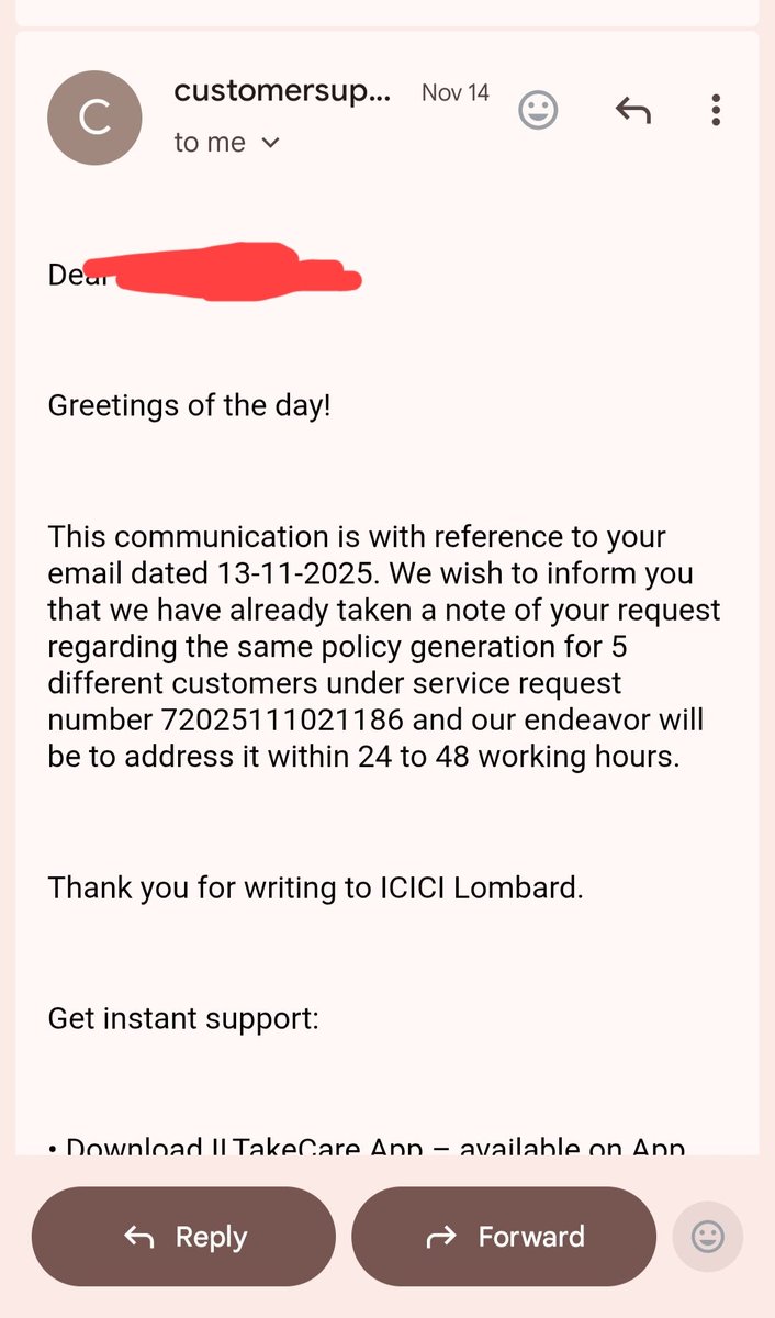 YBJP_4India's tweet photo. When will your endeavor will get in touch with me?

From 14 nov 2025 to till now 48 working hours not happened yet?

@ICICILombard @MantriSanjeev 

This whole mess is started because of unauthorised transaction performed by @ICICIBank_Care @ICICIBank https://t.co/rJX8VwbsfA
