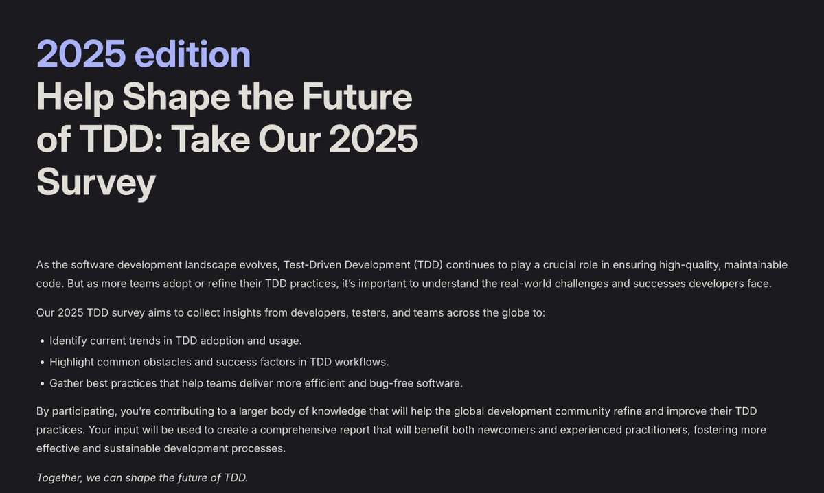 thestateoftdd's tweet photo. it is happening the state of #tdd 2025 is open! Help us to spread the word and shape the TDD practice 📝 Take the survey now: https://t.co/NHj1op3992 Join the discussion group: https://t.co/aOWcmtXz9W https://t.co/aL9M9nelkh