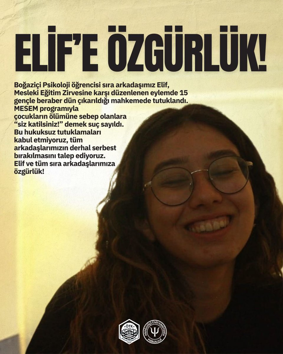 MESEM'li çocukların sesi olmak ve MEB Çalıştayını engellemek için yapılan eylemde yer aldıkları gerekçesiyle dün tutuklanan 4 Boğaziçili, toplam 16 sıra arkadaşımız için bugün 17.00’da Kuzey Piramit önünde buluşuyoruz.

Bu hukuksuz tutuklamaları kabul etmiyoruz!