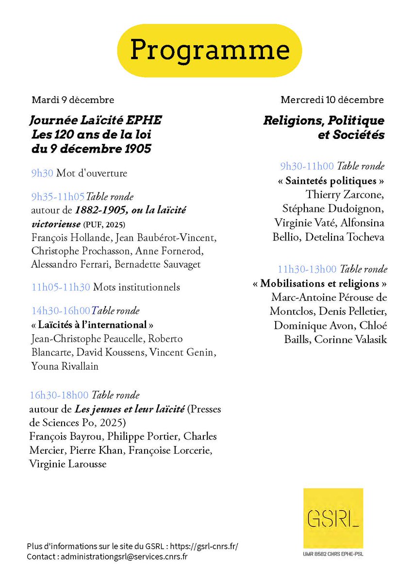Programme actualisé du colloque "30 ans du GSRL / 120 ans de la loi de 1905"

nouveaux horaires, nouveaux intervenants

Plus d'infos : gsrl-cnrs.fr/30-ans-du-gsrl…