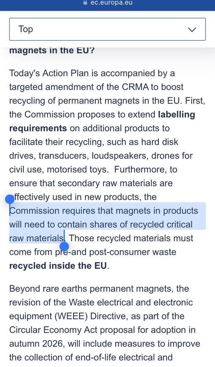 BREAKING #MKA $CTH 🚨 

EU MAGNETS 🧲 MUST CONTAIN A PERCENTAGE OF RECYCLED MATERIAL 

*EU OFFICIALS CONTEMPLATE PASSING INTO LAW MID 2026 

<a href="/MkangoResources/">Mkango Resources #MKA</a> <a href="/CoTecCorp/">CoTec Corp. (TSX-V: CTH; OTCQB: CTHCF)</a>