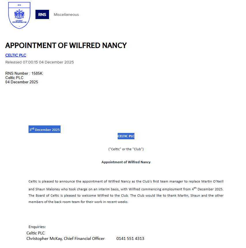 TonyMcKelvie's tweet photo. Whoever is running @CelticFC's PR needs their jotters pronto.
This simple (but important) notice to the London Stock Exchange has misspelled the name of the new manager 5 (five) times. #YouHadOneJob https://t.co/anzwCo0WS0