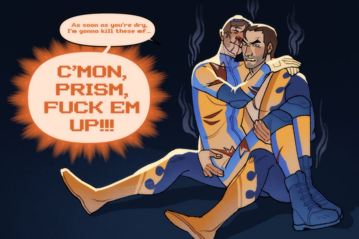 Kind of a continuation of the last fanart 

Waterboy's superpowers are actually scarry (for him), he must've been at the brink of death from hypothermia multiple times in his life. This man is a walking icicle
#dispatch