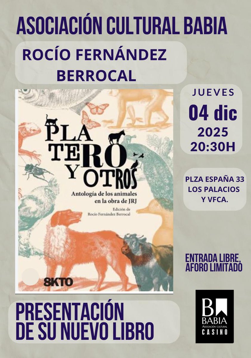 diego_ies's tweet photo. Nuestra compañera Rocío Fernández Berrocal, especialista en la obra de Juan Ramón Jiménez, presenta su nuevo libro "Platero y otros" el día 4 de diciembre en la Asociación Cultural Babia a las 20:30 h.

La entrada es libre, pero el aforo es limitado. Te esperamos. https://t.co/8A9rflOTCf