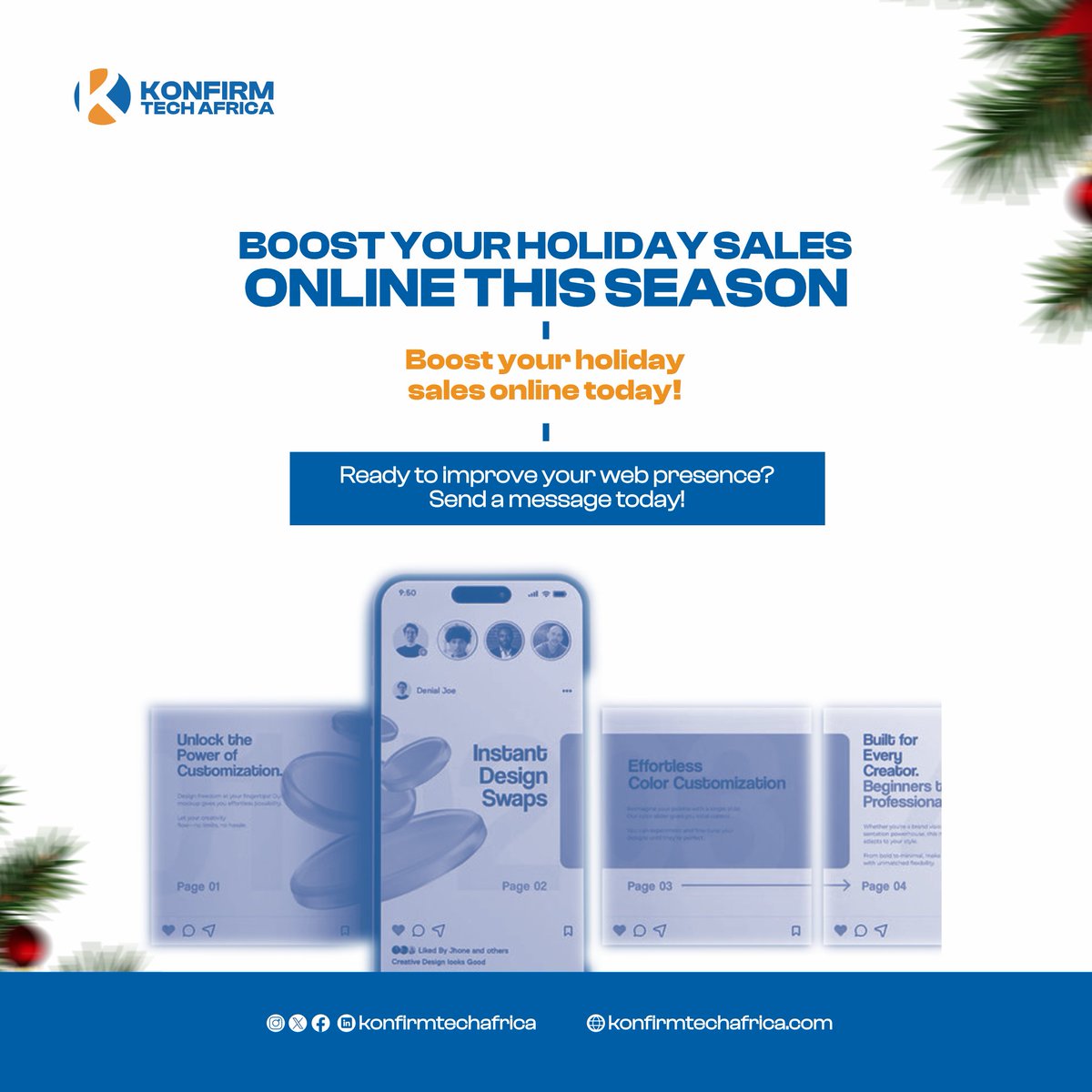 konfirmtechltd's tweet image. Boost your holiday sales this December! 🎄
KTA builds fast, mobile-first websites with vibrant festive designs to keep customers engaged.
Ready to level up your web presence? Send us a message!

#KTADesigns #WebDesign #HolidayTraffic