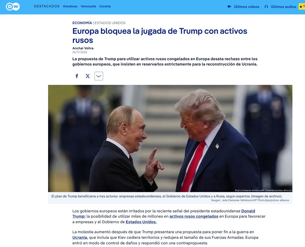 Esa es otra urgencia porque en el plan de los 28 puntos de Witkoff/Dmitriev se prevé que el total de los fondos embargados por unos U$S 300.000 millones no sean usados para reparaciones en Ucrania sino cedidos a una junta liderada por Trump para que los administre a su criterio