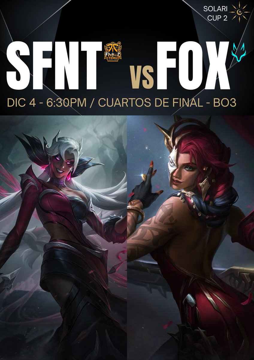 🚨 Hoy empiezan los PlayOffs de la Solari Cup 2 🚨

Todo o nada en donde no se permiten errores. Avanzar o caer eliminado!! 
Segundo del Grupo A contra el tercero del Grupo B.

⚔️ <a href="/Fnactic_de_Temu/">Fnatic de Temu</a> 🆚 <a href="/skyfox_esports/">Skyfox Esports</a> Arctic
🕒 18:30 / Cuartos de Final - BO3