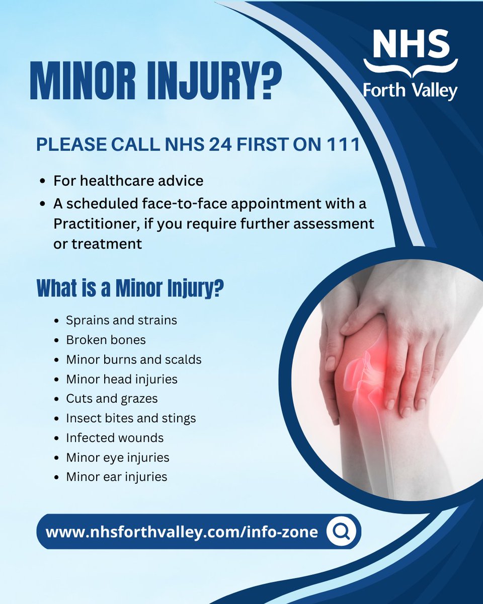 NHSForthValley's tweet image. If you have a minor injury, call 111 free anytime day or night to be directed to the right service.

Make sure you know how to get the right care in the right place.

For more info, visit nhsforthvalley.com/info-zone