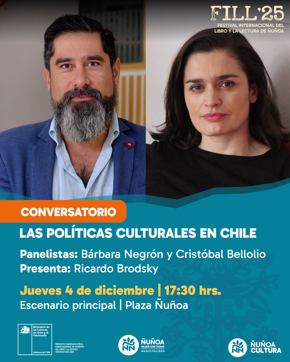 opc_chile's tweet image. El Festival Internacional del Libro y la Lectura de Ñuñoa (@culturanunoa) tendrá una serie de conversatorios. Uno de ellos será &quot;Las políticas culturales en Chile&quot;, donde participará nuestra directora @Bnegronmar junto a @cbellolio, presenta @Mica_Brodsky.