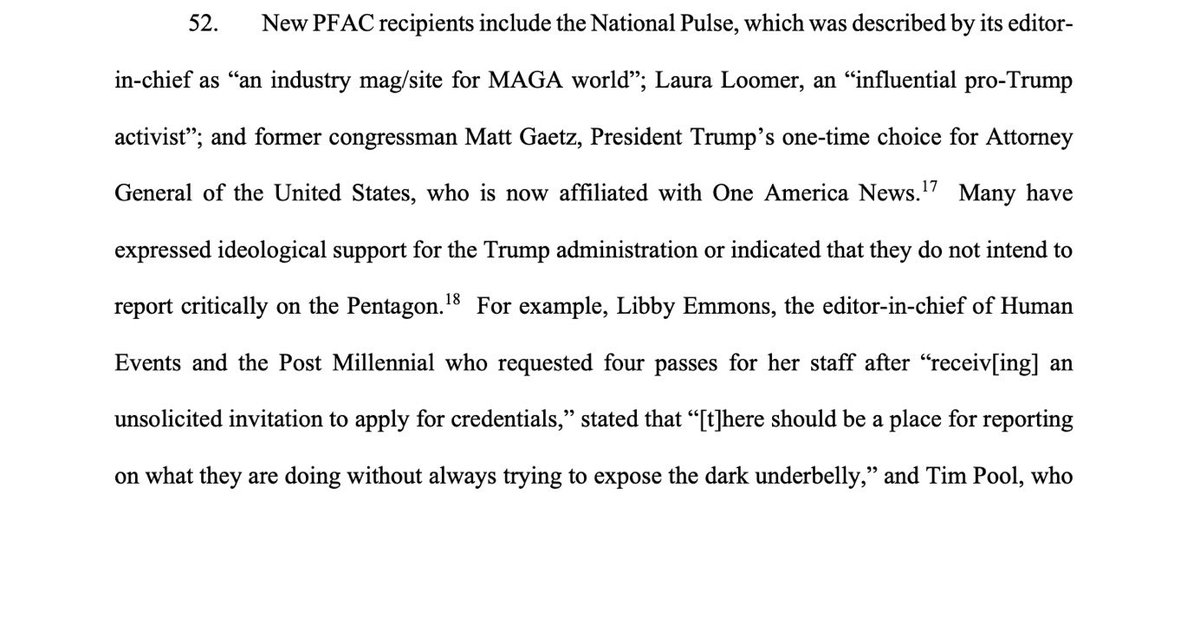 LauraLoomer's tweet image. NEW:

The New York Times @nytimes just filed a lawsuit against the Department of War @DeptofWar after the Pentagon denied press credentials to several of its reporters over their refusal to sign the new Pentagon press corps rules. 

In its legal filing, the NYT argues that the…