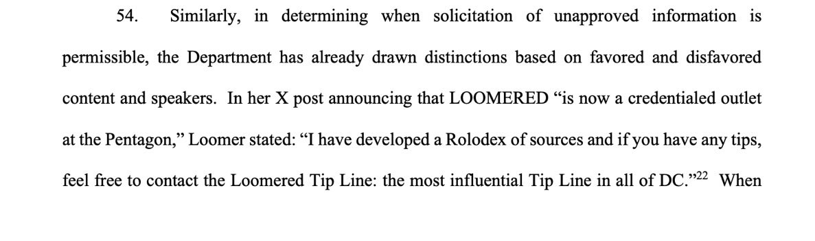 LauraLoomer's tweet image. NEW:

The New York Times @nytimes just filed a lawsuit against the Department of War @DeptofWar after the Pentagon denied press credentials to several of its reporters over their refusal to sign the new Pentagon press corps rules. 

In its legal filing, the NYT argues that the…