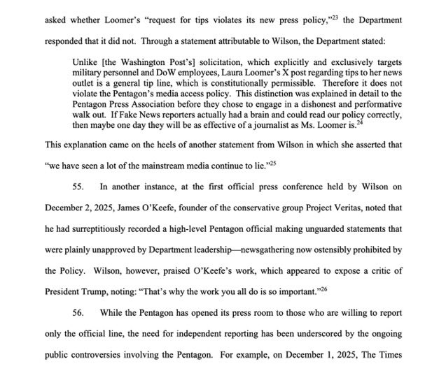 LauraLoomer's tweet image. NEW:

The New York Times @nytimes just filed a lawsuit against the Department of War @DeptofWar after the Pentagon denied press credentials to several of its reporters over their refusal to sign the new Pentagon press corps rules. 

In its legal filing, the NYT argues that the…