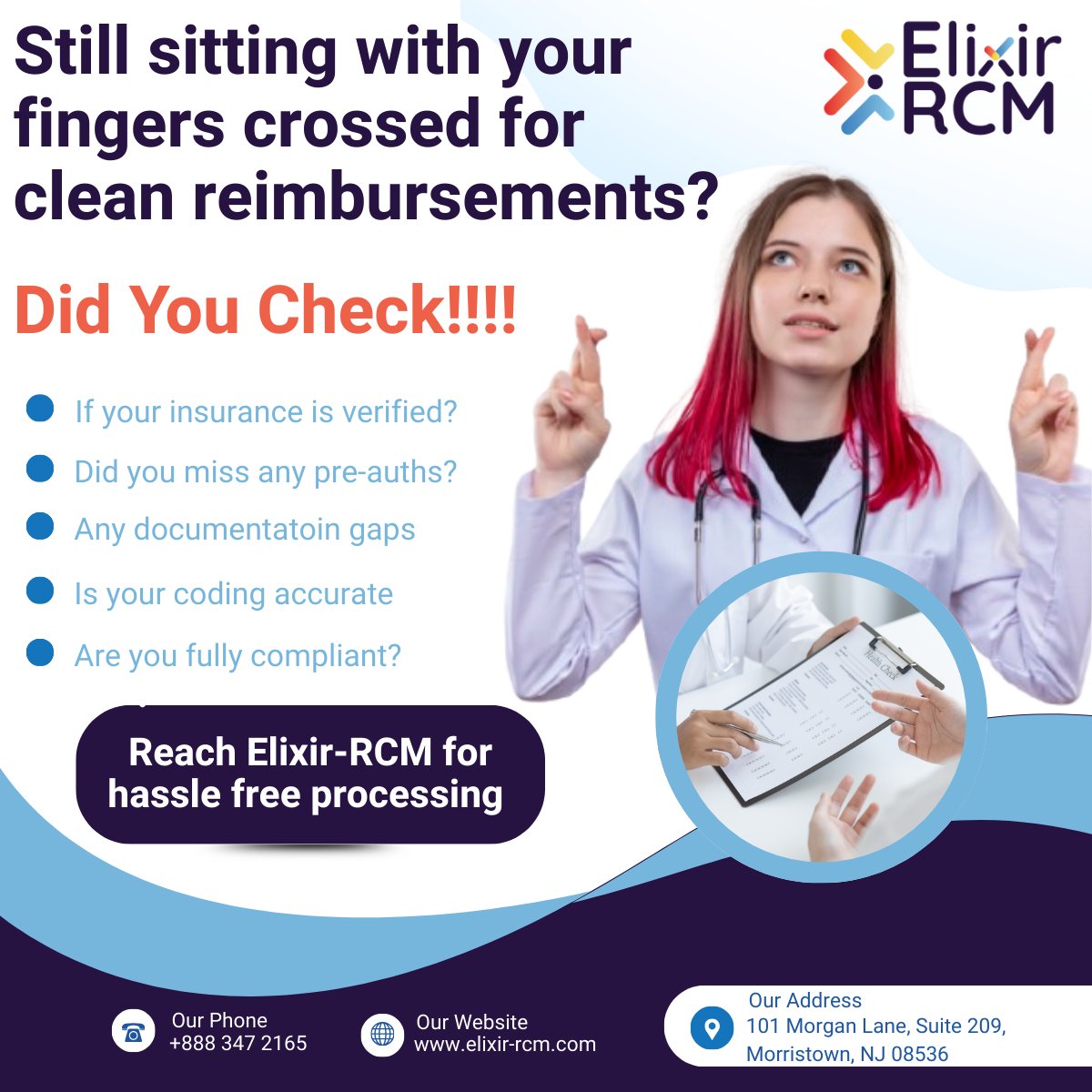 ElixirRcm's tweet image. Stop crossing your fingers and start closing your gaps in eligibility, auths, documentation and coding for cleaner, faster reimbursements.
#RevenueCycleManagement #MedicalBilling #MedicalCoding #RCM #DenialManagement #HealthcareFinance #ElixirRCM