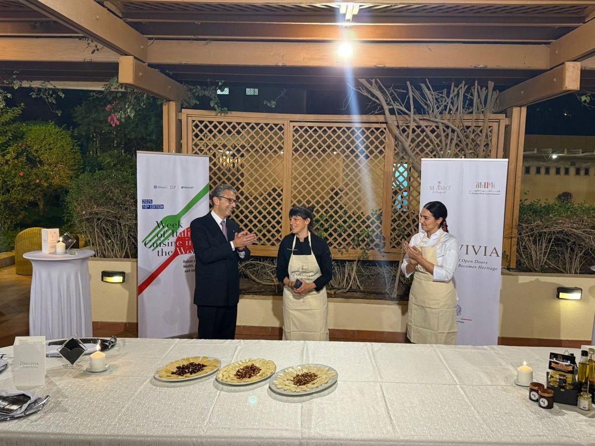 ItalyinKSA's tweet photo. Amb. Baldocci awarded Mayada Badr, CEO of @MOCCulinary, the Order of the Star of 🇮🇹 (Ufficiale) for her leadership in advancing🇮🇹–🇸🇦 culinary collaboration. The ceremony featured the dinner “Road to Convivia, the recipes of childhood” in the context of #SCIM2025 #CucinaItaliana https://t.co/WQW9R5NN4P