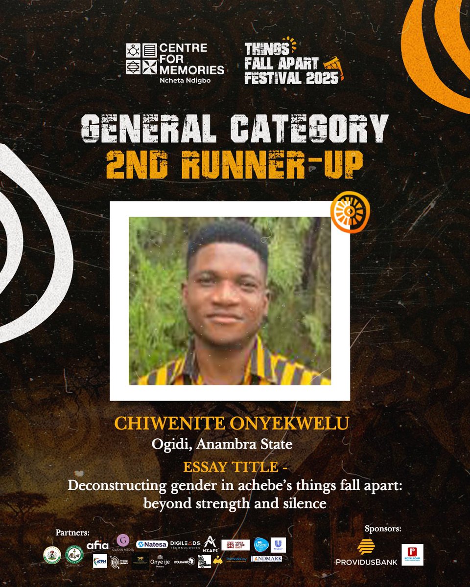 Let us also celebrate the runner-ups of the TFA Festival Essay Competition 2025! 

These writers impressed the jury with the creativity and originality of their submissions. 

General Category Runner-ups:

1. Ugochukwu Anadi
2. Chiwenite Onyekwelu