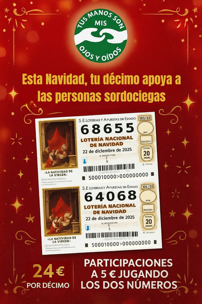 ÚLTIMOS DÍAS PARA ADQUIRIR TUS DÉCIMOS O PARTICIPACIONES. WhatsApp al 635011247 ¡Muchas gracias!
#sordoceguera #sordociegos #discapacidad