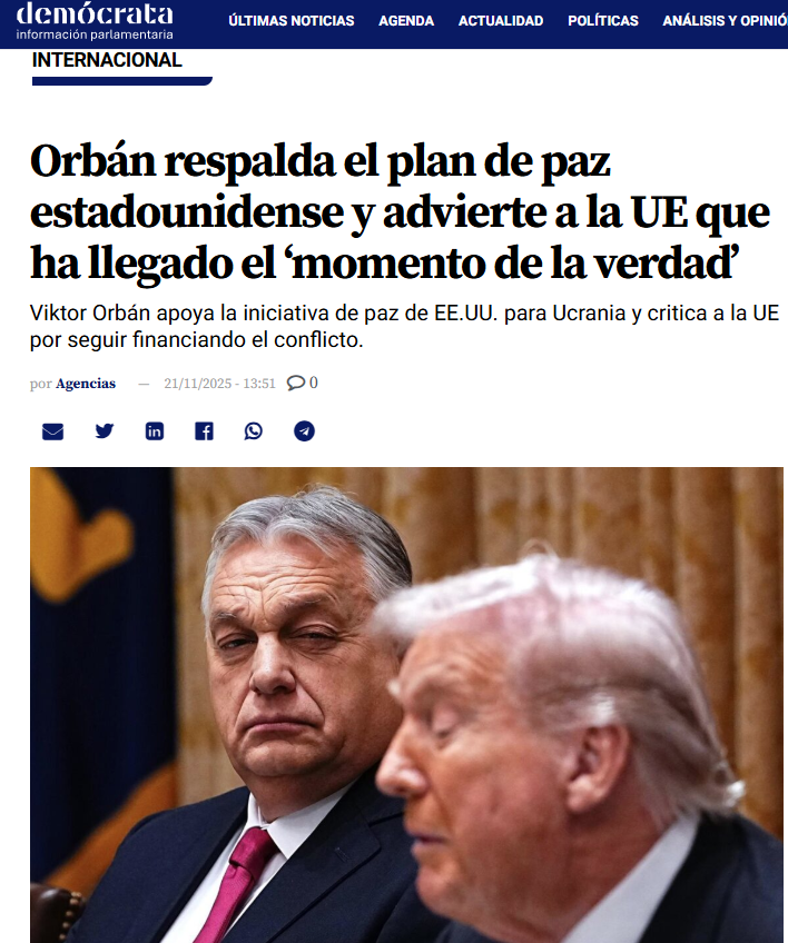 Y además preveía que la UE aporte U$S 100.000 millones y que EEUU se quede con el 50% de los beneficios como comisión. Orbán apoya esta idea y condicionó cualquier votación que incluya la asistencia a Ucrania. y que necesite unanimidad, a que la UE apoye el plan de los 28 puntos