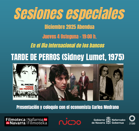 INVITACIÓN para mis amigos que NO están de acueducto hoy 😄

Esta tarde 19h en la  Filmoteca Navarra: TARDE DE PERROS (Al Pacino brutal). Yo doy 10 min de contexto 70s (dinero, bancos, inflación loca) + debate post-peli estilo LA CLAVE de Balbín

¡Venid! 🏦🍿  #FilmotecaNavarra
