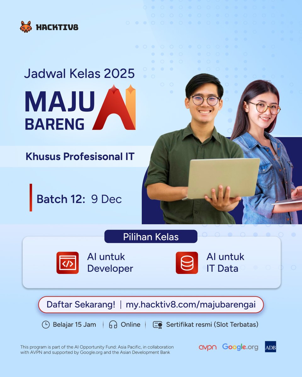AI sekarang udah kaya skill wajib, emang gong banget.. mau ga mau harus nguasai.

Nah, ini hacktiv8 ada kelas Maju Bareng AI untuk Data &amp; Developer. Next batch di 9 Dec besok

Daftarnya ke my.hacktiv8.com/majubarengai

Kurikulumnya industry-based dan enak buat pemula