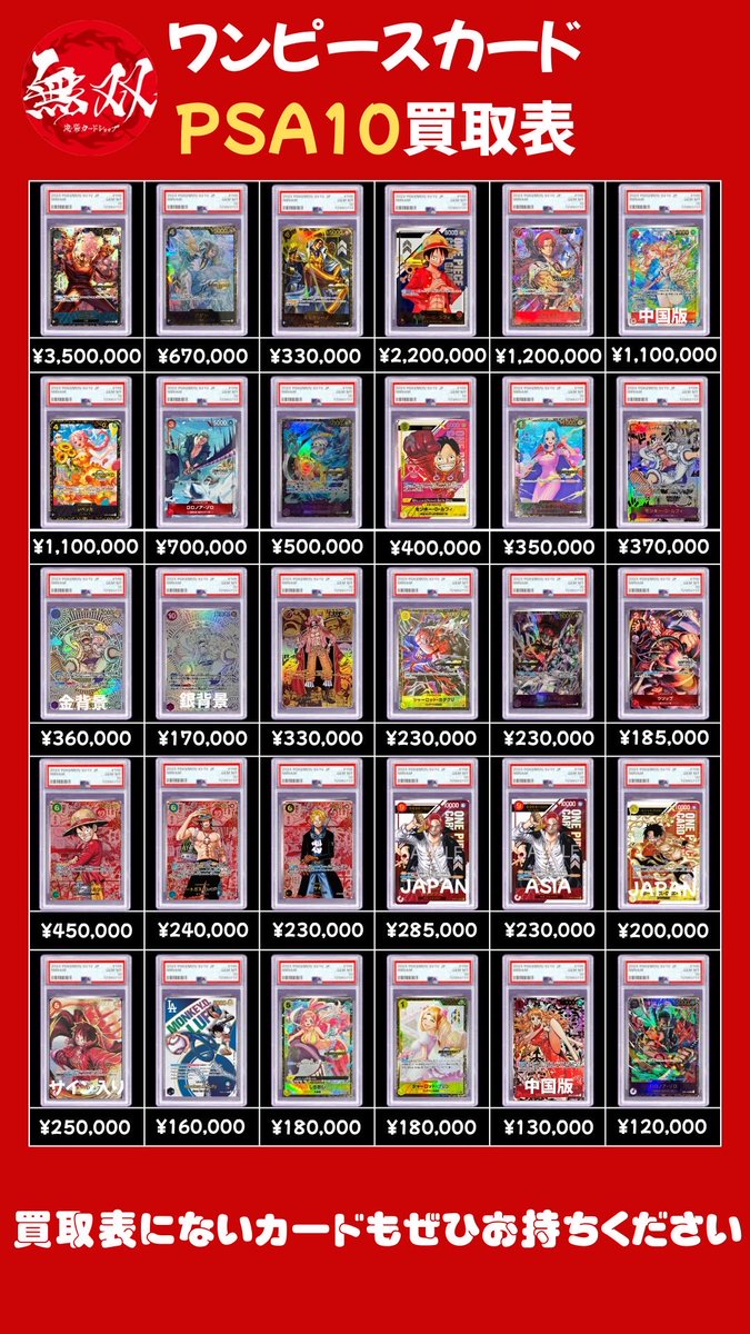 ワンピースカード PSA10 買取表 12/5🦉💓 🌈 青ナミ 110万 💎 赤ナミ