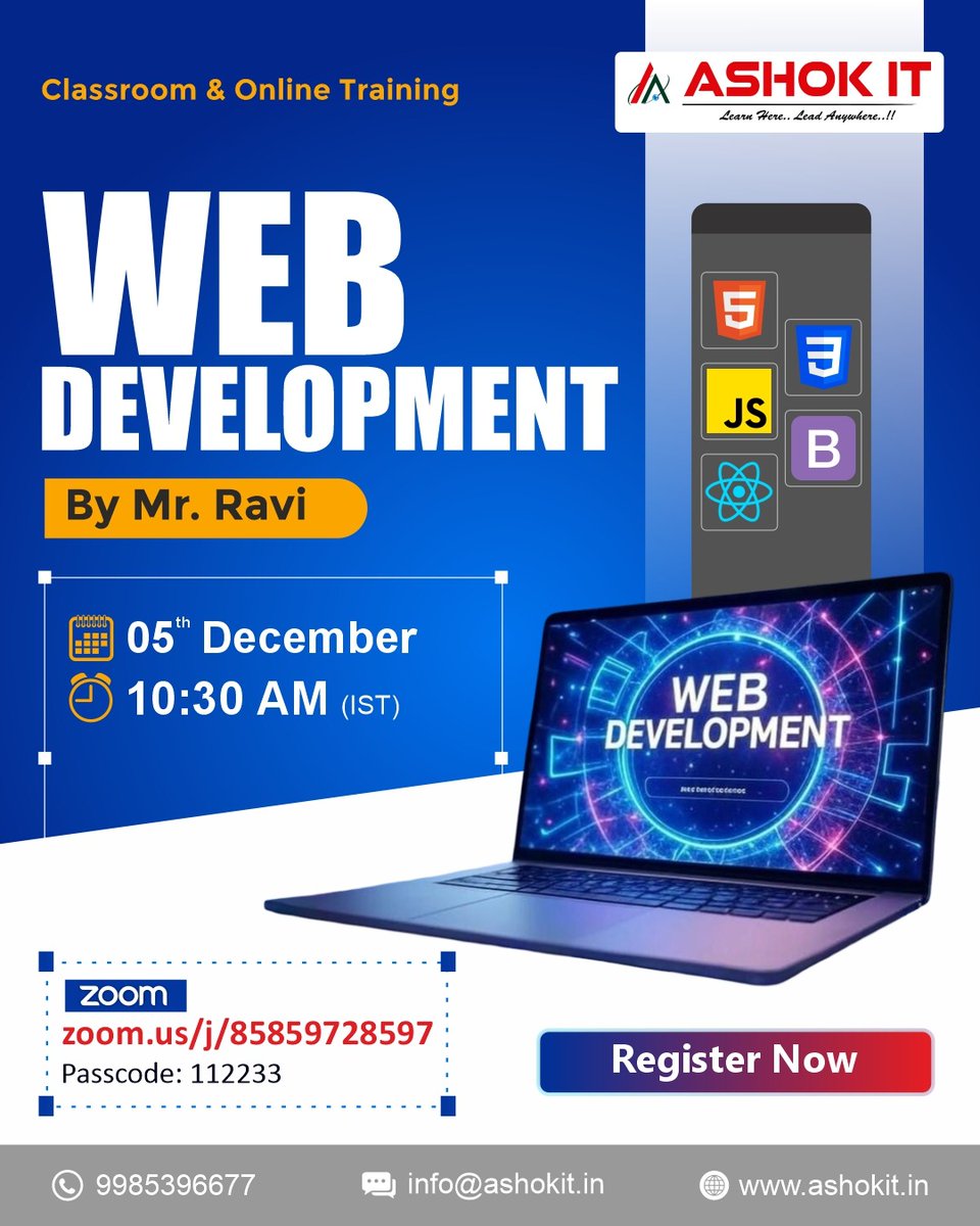 ashokitschool's tweet image. 🚀Web Development Training Starting on 05th December – Join Live with Mr. Ravi!
.
📲 Register Now: tr.ee/oB6Cd4
.
👨‍🏫 Trainer: Mr. Ravi
📅 Starting on: 05th Dec @ 10:30 AM (IST)
🖥️ Mode: Classroom &amp;amp; Online Training 
.
#WebDevelopment #HTML5 #CSS3 #JavaScript #ReactJS