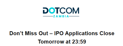 DotCoM Zambia is busy making history! IPO closing 7 days early. ZedX, 5 Dec is your final chance. With only 6pin, in two easy steps, you can make old money now. 
Go to>>> dotcomzambia.com #NoDignityInPoverty