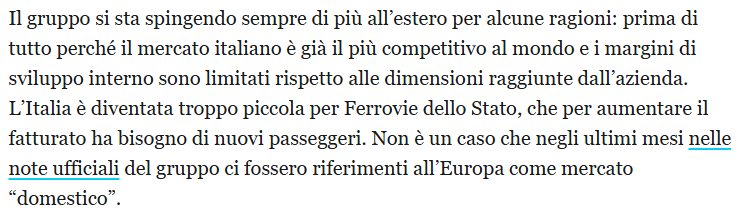 ramella_f's tweet image. Curioso: FSI vuole crescere in Europa perché "i margini di sviluppo interni sono limitati" e "per aumentare il fatturato ha bisogno di nuovi passeggeri".
Potrebbe sorgere qualche dubbio sull'utilità degli ingenti investimenti infrastrutturali in corso e pianificati in Italia.
