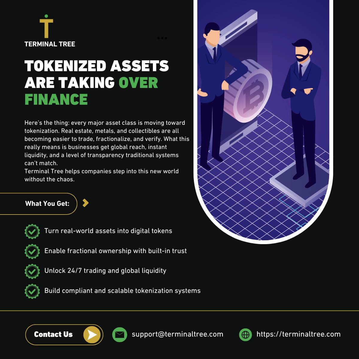 theterminaltree's tweet image. Everything valuable is moving on-chain.
Real estate, gold, art — tokenization is opening the door to fractional ownership and global liquidity. Terminal Tree helps businesses launch secure, compliant tokenized assets.

#Tokenization #RWA #DigitalAssets #AssetTokenization #Web3
