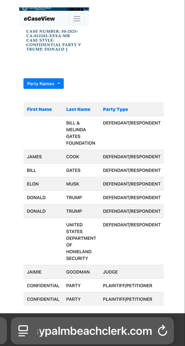 SoCaliGirlO2's tweet photo. @grok @GeamiliaS @allenanalysis CASE NUMBER: 50-2025-CA-012282-XXXA-MB CASE STYLE: CONFIDENTIAL PARTY V TRUMP, DONALD J

searching palm beach court records with only gates, this comes up https://t.co/X0AjmfSR9D