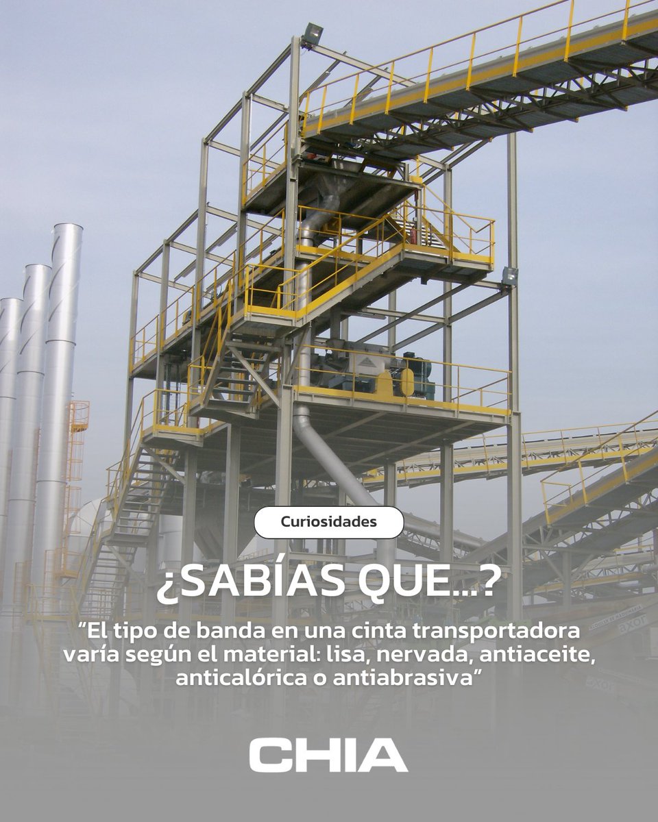 ¿Sabías que no todas las bandas de una cinta transportadora son iguales?

En CHÍA las adaptamos según el material: lisa, nervada, antiaceite, anticalórica o antiabrasiva.

🔗 espirales.es/sector-minero/…

#Minería #CHIA