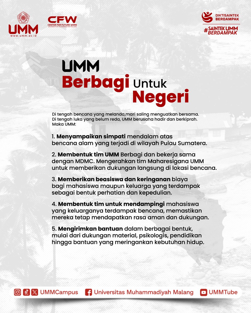 UMM ikut merasakan duka yang menyelimuti saudara-saudara kita di Sumatera dan bergerak cepat untuk hadir di tengah mereka. Setiap bantuan yang dikirimkan membawa harapan kecil yang ingin tumbuh menjadi kekuatan besar bagi para penyintas.

Di masa sulit seperti ini, kepedulian